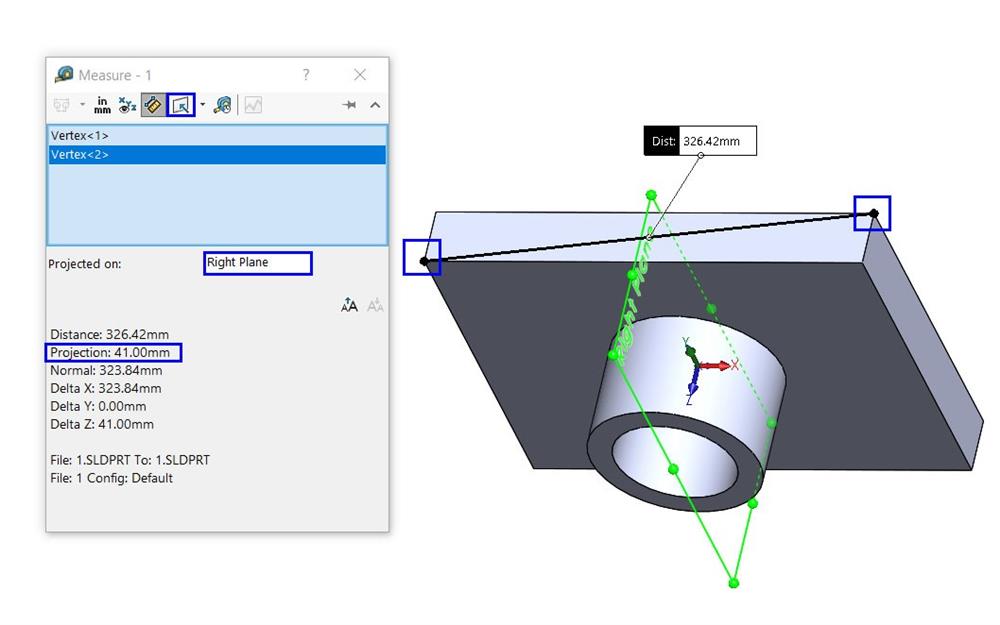 استفاده از گزینه‌ی projected on در ابزار Measure نرم‌افزار Solidworks